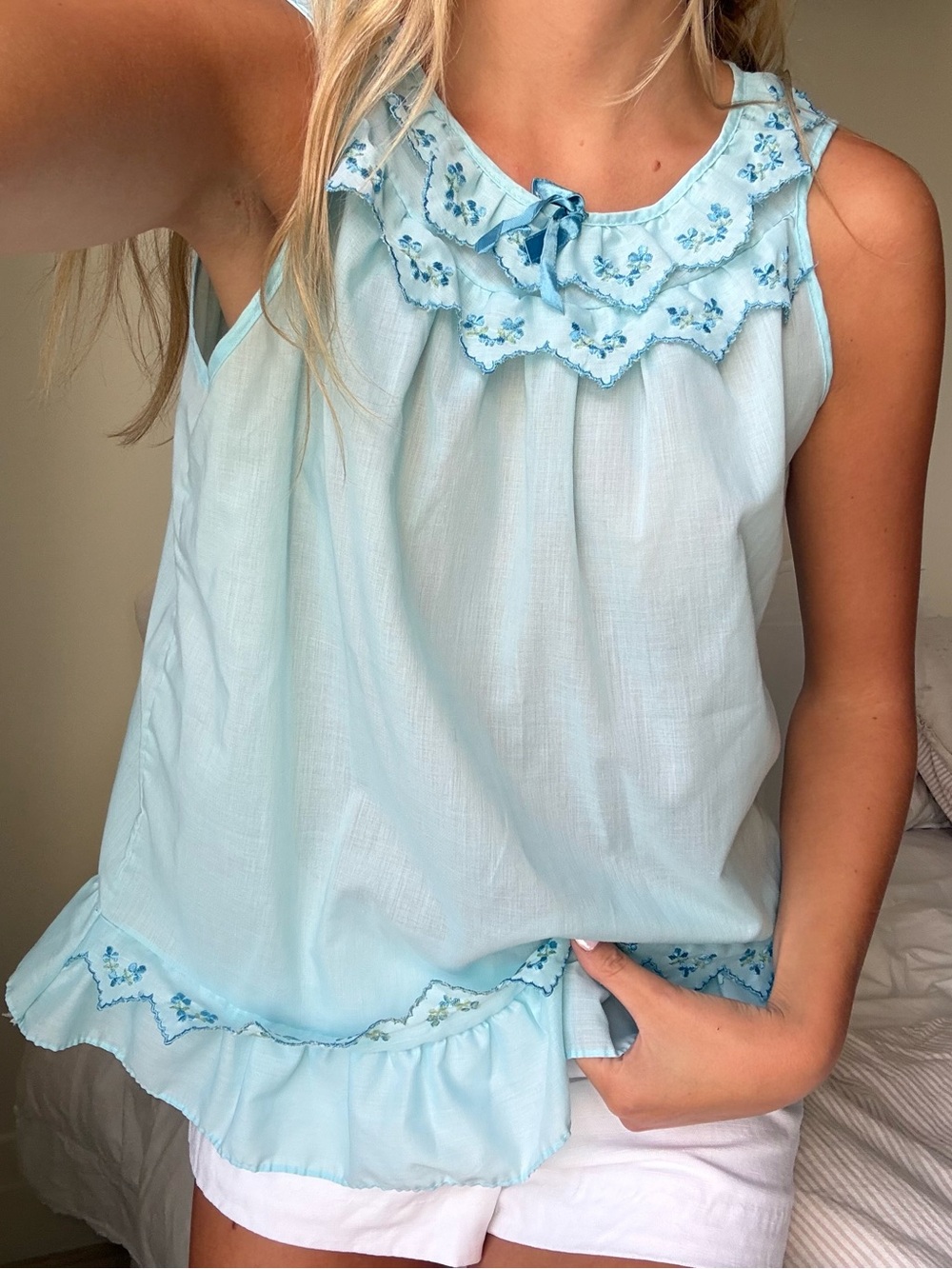 vintage Light Blue Embroidered Ruffle babydoll top lingerie sleepwear